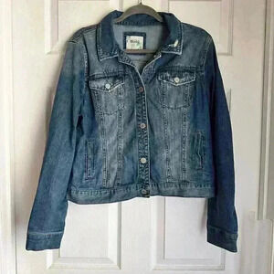 MUDD JUNIOR TEEN GIRLS WOMENS L DENIM JEAN JACKET DISTRESSED BUTTON MED WASH